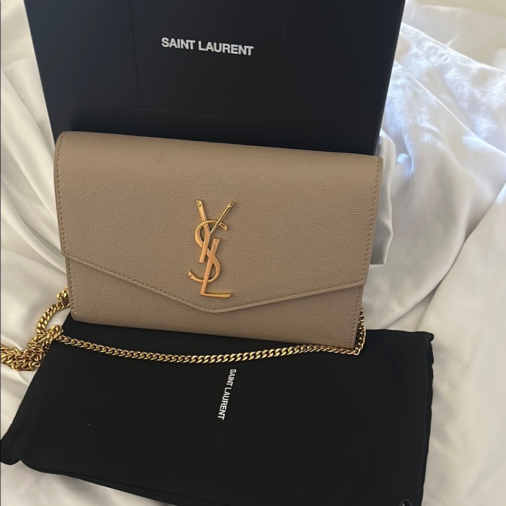 Saint Laurent Tan and Gold Clutch with Luxurious Design